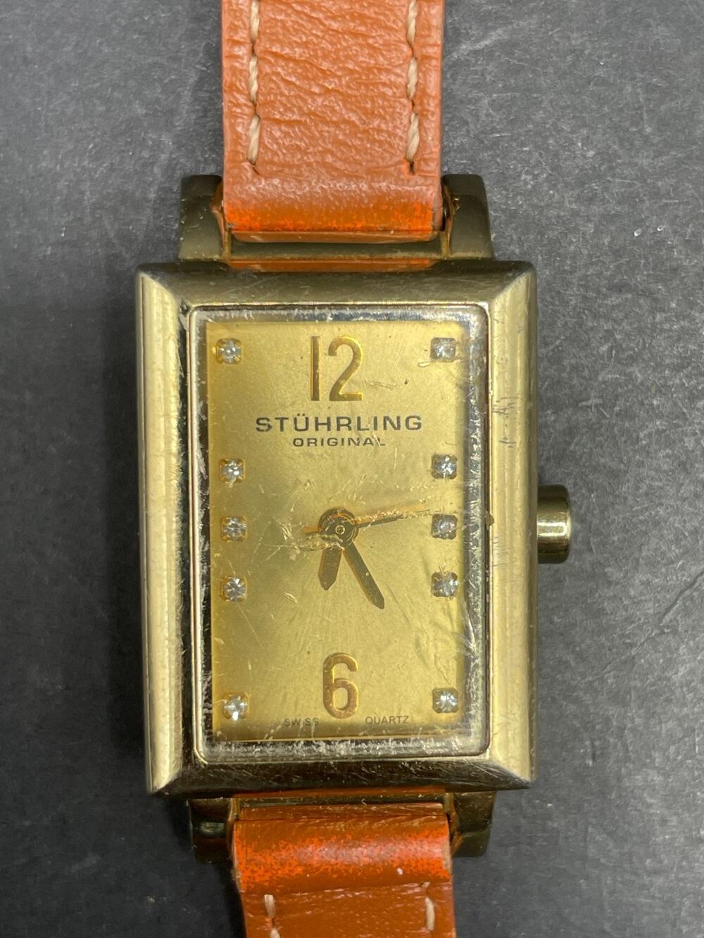 Stuhrling Krysterna Crystal Gold Tone Diamond Watch Brown Leather Band 22mm